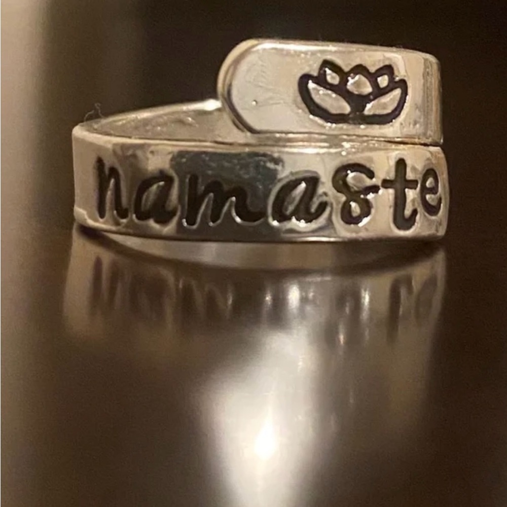 New Silver Lotus “Namaste” Adjustable Ring | Unisex Spiritual Wrap Ring - Picture 2 of 4